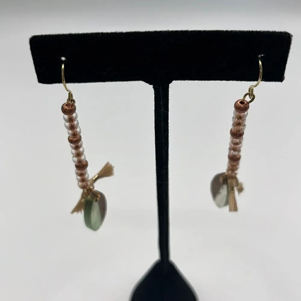 2.5” Gold Tone Drop Boho Earrings w/ Rose Gold/Clear Beads Beige Tassels & Charm
